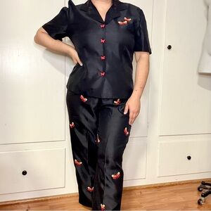 Vintage 90s/Y2K Sag Harbor Black Butterfly Embroidered Summer Pant Suit